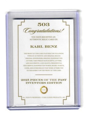 2025 Pieces of the Past Inventors Edition Karl Benz Stock Certificate Relic #503