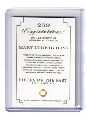 2024 Pieces of the Past 1700s Edition Mary Ludwig Hays Molly Pitcher Relic #259